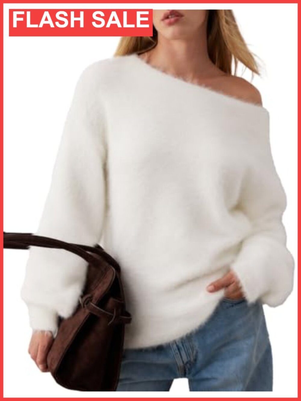 Fuzzy Slouchy Off Shoulder Sweater Loose Knit Pullover